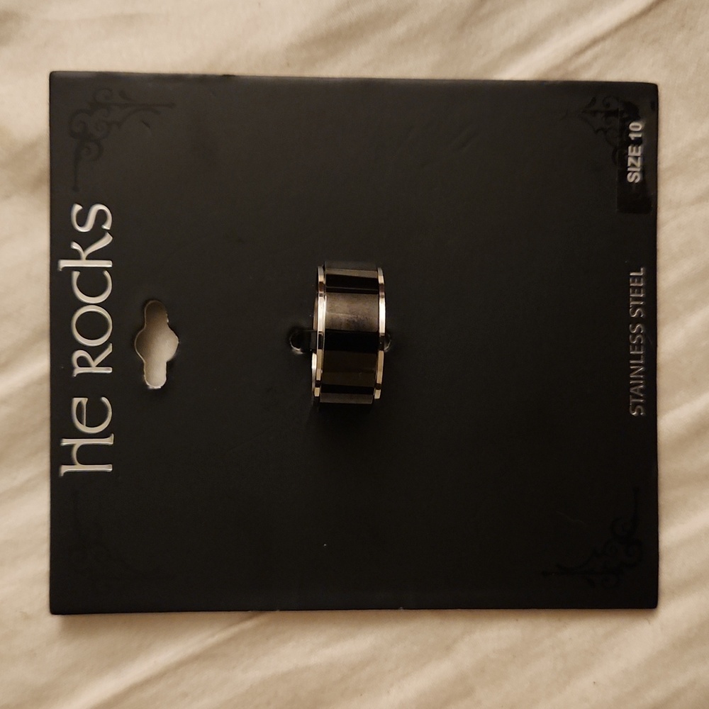 'He Rocks' stainless steel ring (size 10)